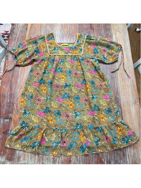 Rapsodia Boho Floral Mini Dress Square Neck Gold Beaded Trim Size S Puff Sleeve